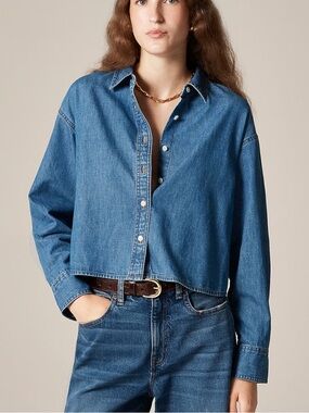 J. Crew Etienne Cropped Button Up Denim Shirt in Chambray